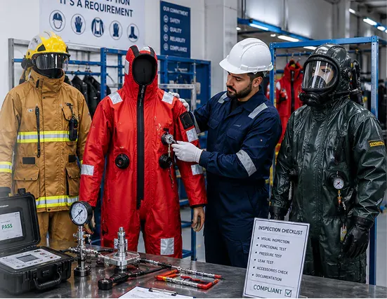 Technician inspecting life jackets and immersion suits