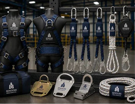 Worker wearing a full-body fall protection harness
