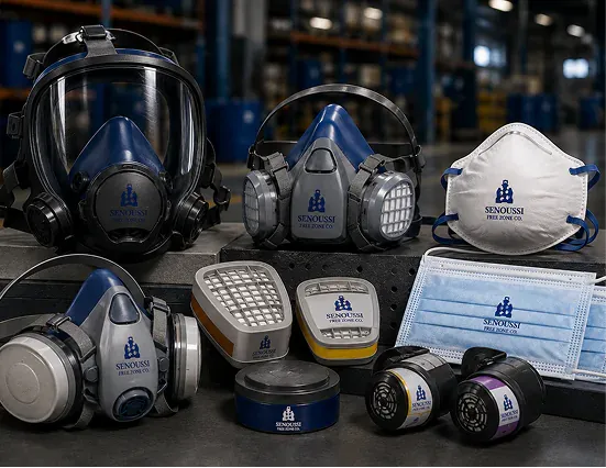Worker wearing a full-face respiratory mask