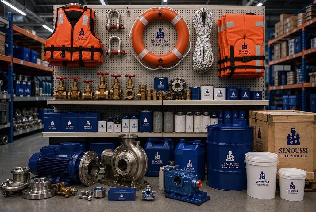 Marine equipment and accessories on warehouse shelves